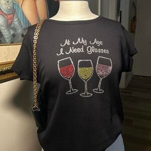 "At My Age I Need Glasses" rhinestone wine tee 🍷✨